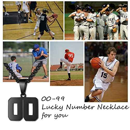 Number Necklace for Boy Black Athletes Number Stainless Steel Chain 00-99 Number Charm Pendant Personalized Sports Jewelry for Men Basketball Baseball Football