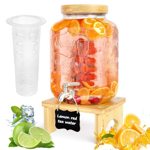 2 Gallon Drink Dispenser with Stand，Glass Beverage Dispenser With Wood Stand, 18/8 Stainless Steel Spigot and Labels Large...