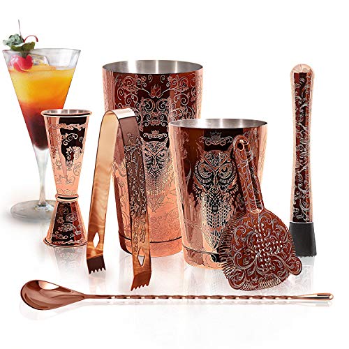 SKY FISH Bartender Kit Cocktail Shaker Set-6 Pieces Stainless Steel Copper Plated Etching Bar Tools with Boston Shaker Tin...