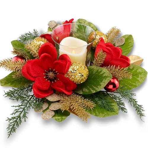 18" Centerpiece with Flameless LED Candle Holder, Design with Red Artificial Magnolia, Gold Baubles & Spruce Branches for ...