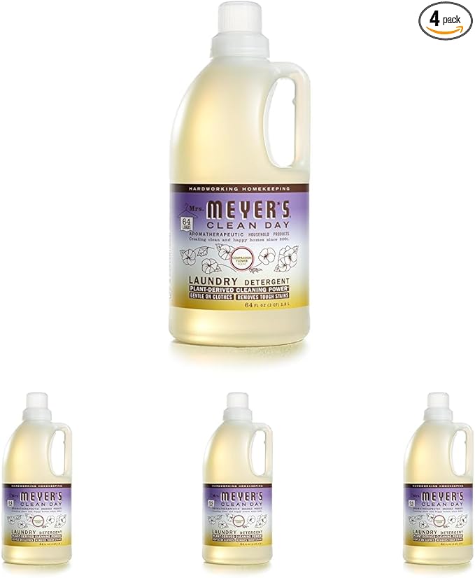 MRS. MEYER'S CLEAN DAY Liquid Laundry Detergent, Biodegradable Formula Infused with Essential Oils, Compassion Flower, 64 oz (64 Loads) (Pack of 4)