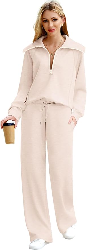 XIEERDUO Lounge Sets For Women 2025 Half Zip Sweatshirt And Wide Leg Sweatpant 2 Piece Outfits Sweatsuit Tracksuit