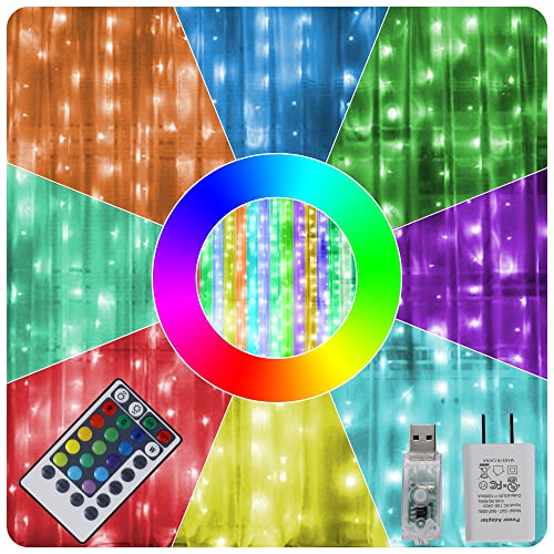 HOME LIGHTING Window Curtain String Lights, 300 LED RGB 16 Colors Changing Fairy Lights, 4 Modes with Remote, USB & Adapte...