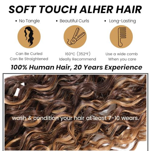 ALHER Honey Blonde Highlight Water Wave Bundles 26 Inch P4/27 Ombre Single Bundles Wet and Wavy Bundles Human Hair Highlight Brown Color 12A 100% Brazilian Virgin Remy Hair for Black Women Soft Thick