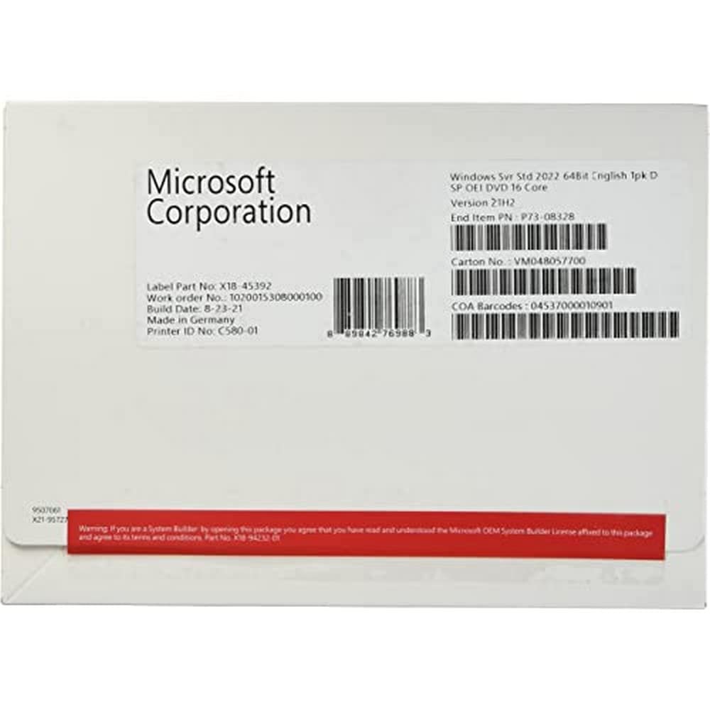 Microsoft Windows Server 2022 Standard | Base License With Media And Key | 16 Core