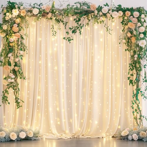 10x10ft Champagne Backdrop Curtains with Lights Wrinkle Free Fabric Backdrop Curtain for Wedding Birthday Party Baby Showe...