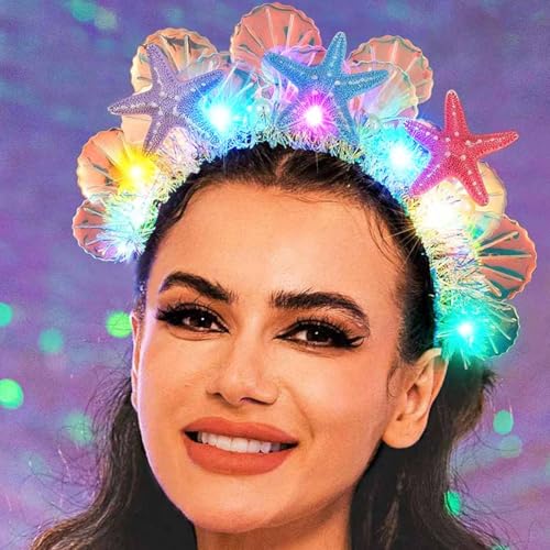 GORTIN Light Up Mermaid Headband LED Glow Starfish Headbands Seashell Headpiece Costume Hair Accessories for Women