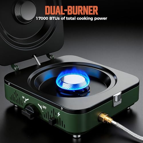 BIG HORN OUTDOORS 2 Burner Propane Camping Stove, Portable Camp Stove, Folding Gas Stove, Includes Frying Pan & Carry Bag ...