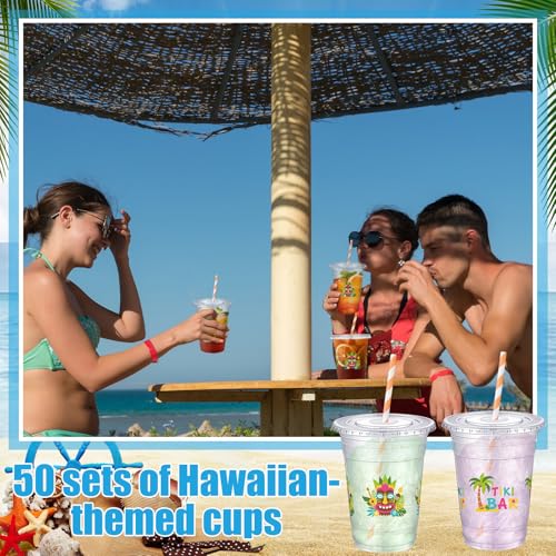 Jingmore 50 Pcs 16 oz Tiki Bar Plastic Cups Bulk with Lids and Straws Disposable Tropical Clear Drinking Cups for Tiki Bar...
