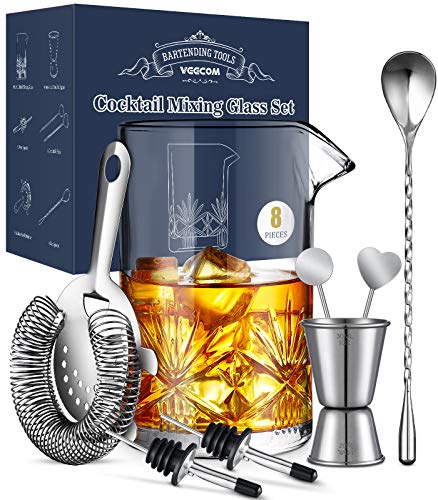 Cocktail Mixing Glass, veecom 18oz Crystal Mixing Glass Bartender Kit, 8 Piece Old Fashioned Cocktail Set with Strainer, S...