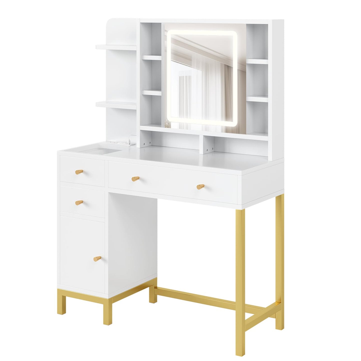 PeacefulHues White Vanity Desk with Mirror and Lights, Makeup Desk Dressing Table with LED Lighted Mirror & Power Outlet,3 Lighting Color for Bedroom