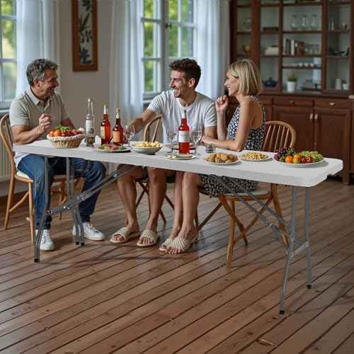 VEVOR Folding Table, 8 Ft Heavy Duty Portable Fold-in-Half Utility Table, Indoor Outdoor Plastic Rectangle Table with Built in Handle, for Party, Dining, Wedding, Events, Picnic, Camping, White