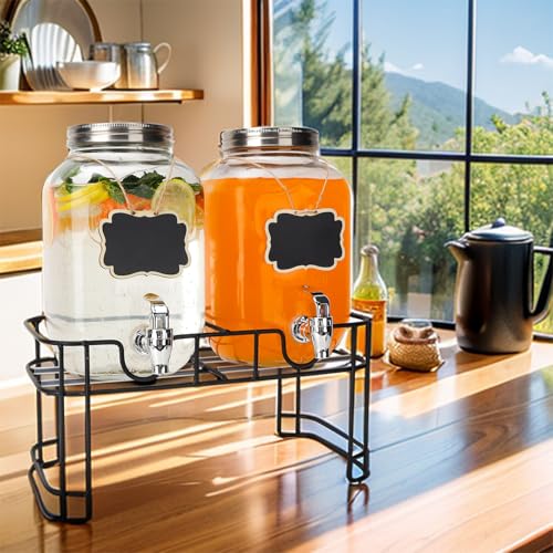 Waymind 1 Gallon Glass Drink Dispensers, 2 Pack Clear Beverage Dispenser with Stand and Spigot for Parties, Drink Dispense...