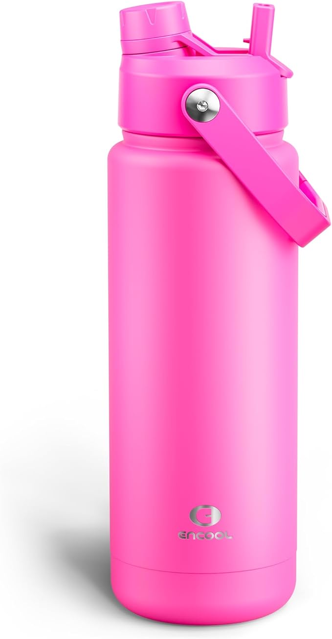 ENCOOL Insulated Water Bottle with Straw Stainless Steel Water Bottle, Leak-Proof, BPA-Free, Double Wall Vacuum Keeps Cold for 24 Hours for Sports, Travel, School (32 oz, Persian Rose)