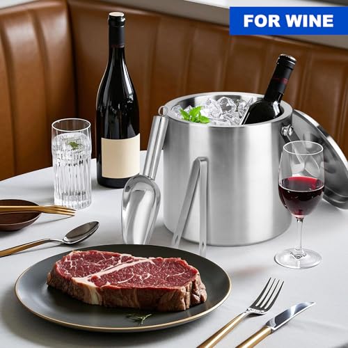 Yeatruojeet Ice Granule Bucket 3L Double Wall Ice Bucket with Lid,Scoop,Tongs- Inner Layer 304 Stainless Steel Ice Contain...