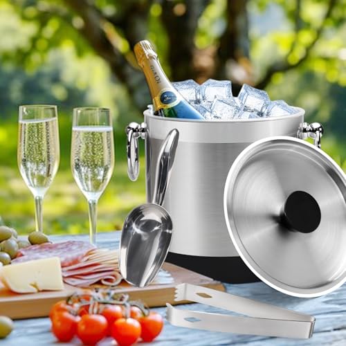 COOKSTYLE Double-Wall Stainless Steel Insulated Ice Bucket With Lid & Ice Tong [3 Liter] Included Strainer Keeps Ice Cold...