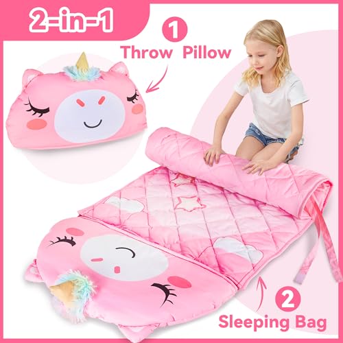iPlay, iLearn Kid Sleeping Bag, Unicorn Slumber Sack, Toddler Girl Nap Mat, 2 in 1 Pink Animal Cushion Blanket, Happy Trav...