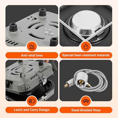 Dollate 2-Burner Propane Stove with Griddle and Carrying Bag, Portable Foldable Camping Stove with 2 Adjustable Burners 16...