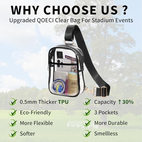 QOECI 3 Pockets Clear Bag for Stadium Events with 2 Long Straps Sling Backpack Fanny Pack Concert Crossbody Purses for Women