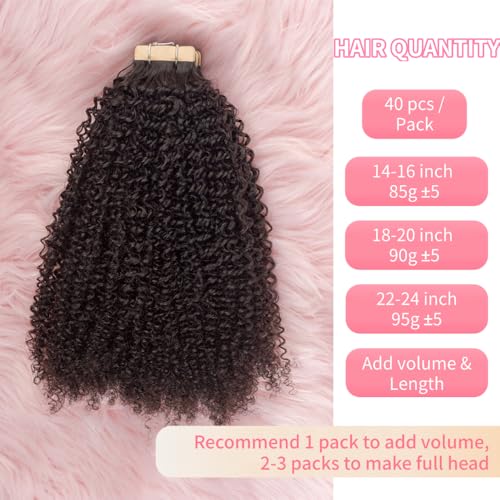 Invisible 4C Afro Kinky Curly Tape in Hair Extensions for Black Women Niawigs Black Color Real Human Hair Tape ins, 40PCS Double Sided PU Skin Weft 22 Inches