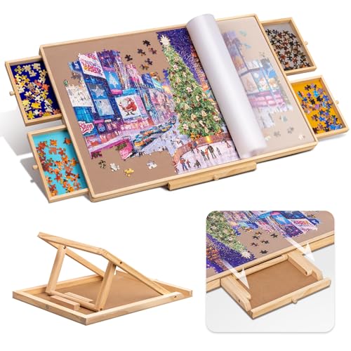 Tektalk Jigsaw Puzzle Table with Integrated Adjustable Stand/Bracket and Removable Cover, 3-Tilting-Angle Wooden Plateau P...