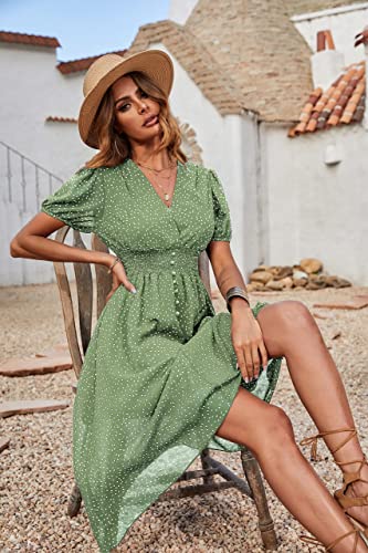 PRETTYGARDEN Women's Floral Wrap V-Neck Midi Dress Short Sleeve Boho Summer Beach Long Dress High Low Hem Smocked Dress Women