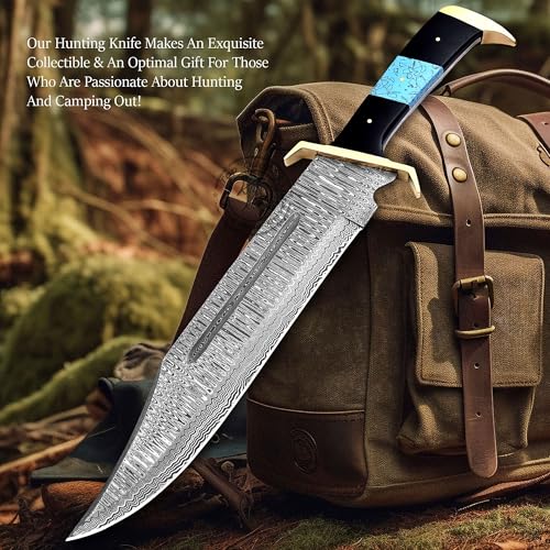 Damascus Steel Western Outlaw Bowie Hunting Knife, Fixed Blade Survival & Hunting Knife, Camping, Bushcraft, EDC - Gift fo...