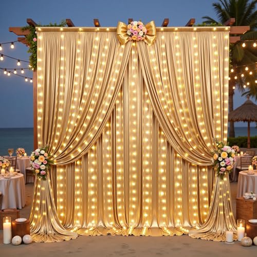 Hanging Bulbs 10x10FT Champagne Sequin Backdrop Curtain with String Lights – 2 Panels of 5x10FT Wrinkle-Free Shimmer Drape...
