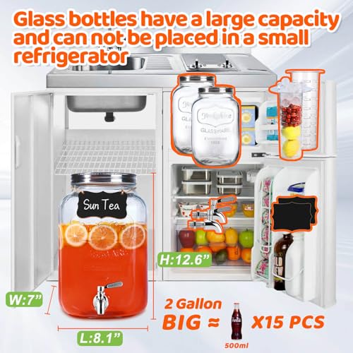 2 PCS 2 Gallon Drink Dispensers - Glass Peverage Dispenser for Parties with 18/8 Stainless Steel Spigots, Lemonade Dispens...