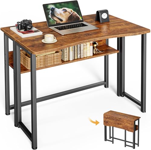 Huuger Folding Desk with Storage Shelf, 31.5 Inch Foldable Computer Table for Small Spaces, Space Saving Sofa Table for Co...