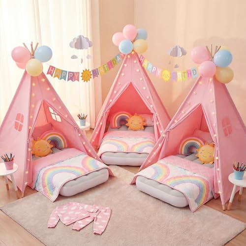 Wilwolfer Pink Sleepover Teepee Tent for Kids-2 Pack Tipi Playhouse for Kids with Lights& Flag& Inflatable Airbed -Indoor/...