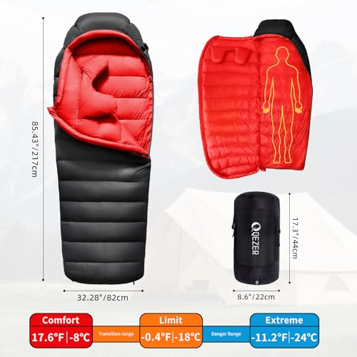 QEZER Down Sleeping Bag for Adults 620 Fill Power 0 Degree Sleeping Bag Cold Weather Ultralight with Pouch for Backpackin...