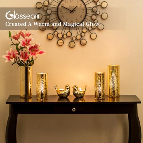 Glasseam Gold Cylinder Vases for Centerpieces: 6 Modern Mercury Hurricane Glass Vase Set for Flowers - Decorative Golden P...