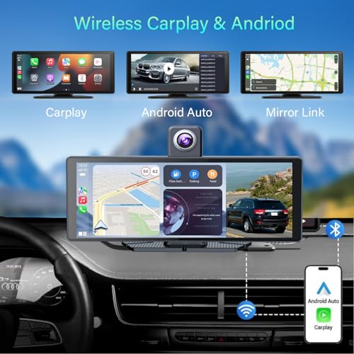 10.26" Wireless Portable Carplay Screen CarPlay & Android Auto Car Stereo 360 Rotation 4K Dash Cam 1080p Rear Camera Mirro...