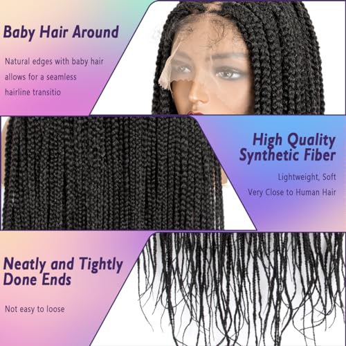 originea DAIXI 26'' Single Full Lace Box Braided Wigs for Black Women, Full Hand-Knitted Square Parted Synthetic Braided Lace Wigs with Baby Hair (Square Partition, 1B)