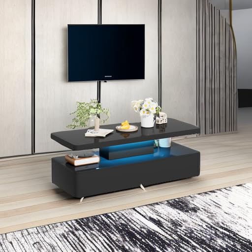 oneinmil Modern LED Coffee Table, 40 Inches Living Room Tables with 16 Colors LED Lights, Double-Layer Design, Stylish Coffee Tables for Living Room, Home, Office, Black