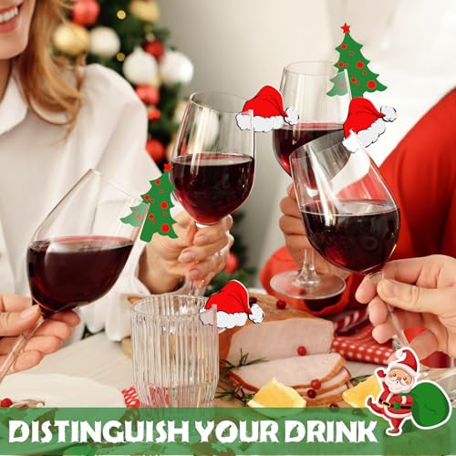 Colingmill 50 Pcs Christmas Tree Santa Hat Drink Markers Christmas Drink Garnish Acrylic Reusable Wine Glass Charms for Xm...