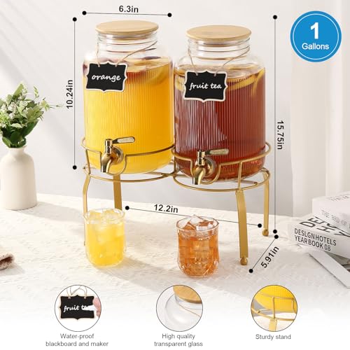 1 Gallon Glass Drink Dispenser with Stand, 2pack Drink Dispensers For Parties, Beverage Dispenser With Bamboo Lid and Stai...