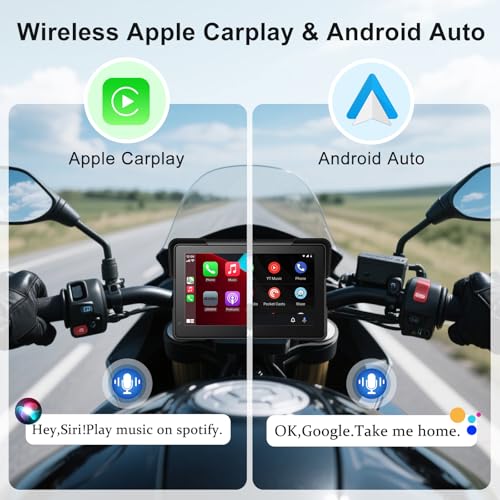 Wireless Motorcycle Apple Carplay,7 Inch Portable Motor GPS Navigation with Apple Carplay & Android Auto,Siri & Google Ass...