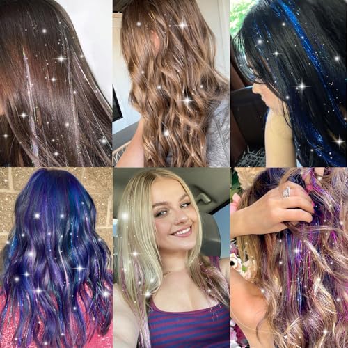 Obinying Hair Tinsel Pack of 18 Pcs Hair Tinsel Clip in 20.5 Inch Glitter Tinsel Hair Extensions Clip in Hair Tinsel Kit P...