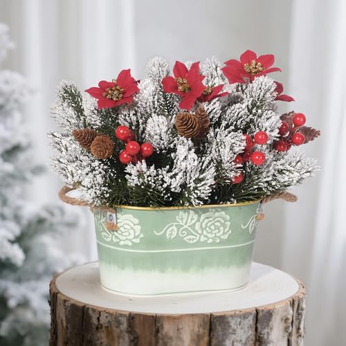 QIMOND Christmas Table Centerpiece with Artificial Red Poinsettias, Snowy Norfolk Pine, Berries & Pine Cones – Lifelike Ho...