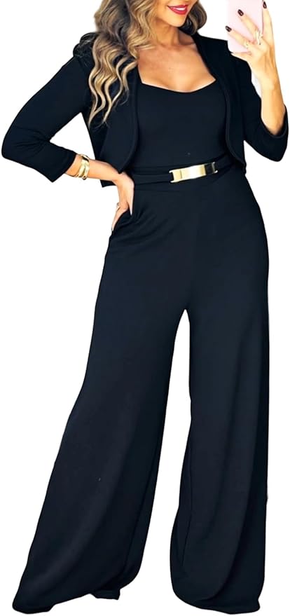 CHICME Women's 2 Pieces Outfits Thick Strap Waist Metal Decor Jumpsuit with Crop Coat Matching Set Casual Fall Outfits