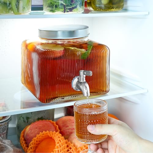 Drink Dispenser for Fridge, Drink Dispensers for Parties,1 Gallon Glass Beverage Dispenser with 100% Leakproof Stainless S...