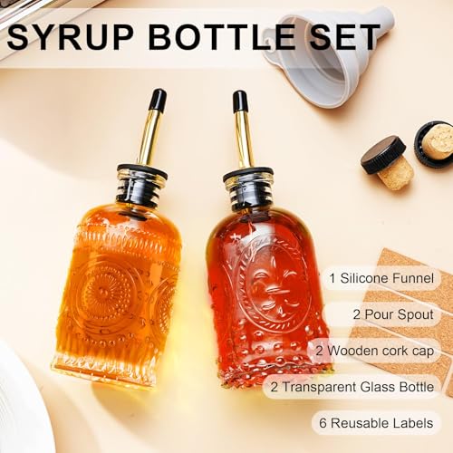 gegewawa Glass Coffee Syrup Dispenser Bottles Set 2 Pack 7 OZ, Simple Syrup Bottles with Metal Pour Spout, Syrup Dispenser for Coffee Bar Accessories for Maple Honey Syrup Oil and Sauces