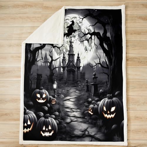 Halloween Themed Flannel Blanket,Black Retro Holiday Style Gothic Fuzzy Blanket for Children Present,Moon Night Old Castle Pumpkin Lantern Polyester Throw Blanket for Couch, Twin Size (60 x 80 Inch)