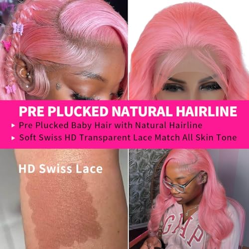 Pink Lace Front Wigs Human hair Pink Wigs Human Hair Body Curly Human Hair Wig For Women Body Wave Lace Frontal Wigs Human Hair 200% Density HD Transparent Pre Plucked 26 inch