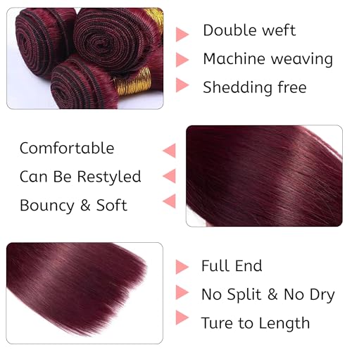 99J Burgundy Bundles Human Hair 12A Unprocessed Brazilian Virgin Human Hair Bundles Wine Red Straight 3 Bundles 30 32 34 Inch Double Weft Weave 99J Color Hair Extension for Women 300g Total