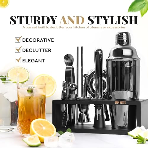 Black Stainless Steel Cocktail Shaker Set with Wood Stand - 15 Piece Bartender Kit with Drink Shaker, Bar Spoon, Jigger, M...
