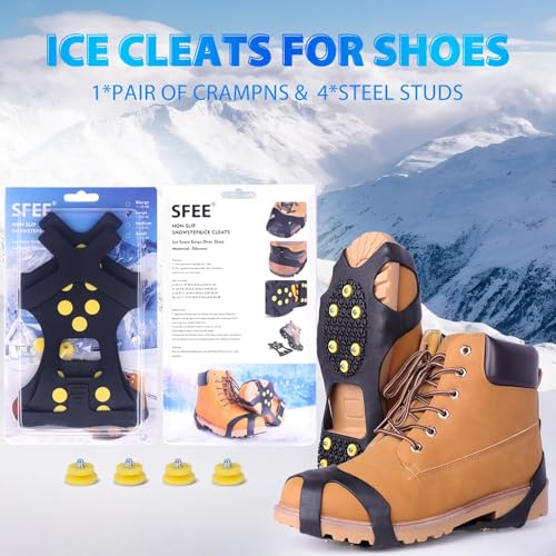 Ice Cleats for Boots & Shoes - Anti-Slip Rubber Traction Cleats for Walking, Hiking & Climbing - 10 Steel Studs Crampons f...