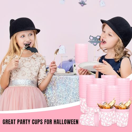 JarThenaAMCS 24 Pcs Halloween Ghost Plastic Cups Pink Cute Ghost Boo Reusable Cups Trick or Treat Party Drinkware Supplies...